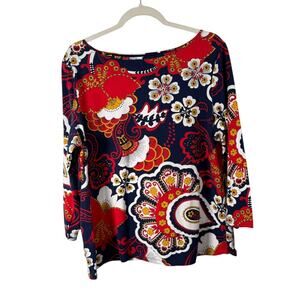 The Talbots Tee Red Blue Paisley Floral Long Sleeve Shirt Boat Neck Womens XL